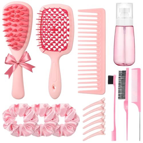 auroray 16 Pcs Pink Hair Brush Set for Women Girls - Scalp Scrubber with Handle Detangle Hair Brush Spray Bottle Edge Bristles Wide Tooth Brushes Rat Tail Comb for Travel Home Use Hair Stuff
