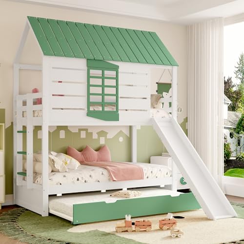 Merax Etagenbett Kinderbett 90x200 für 2 Kinder Hausbett Hochbett mit rutsche, Leiter, Satteldach, Fenstern und Ausziehbett - Doppelbett Holzbett mit Lattenrost und Rausfallschutz, Kiefer, Weiß+Grün Merax Etagenbett Kinderbett 90x200 für 2 Kinder Hausbett Hochbett mit rutsche, Leiter, Satteldach, Fenstern und Ausziehbett - Doppelbett Holzbett mit Lattenrost und Rausfallschutz, Kiefer, Weiß+Grün