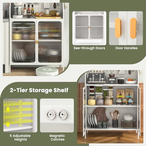 Image of Giantex Pantry Organizers and Storage, 63.5 inch H Kitchen Buffet Cabinet with Hutch, Pegboard, 8 Hooks & 1 Hanging Storage Box, Standing Bakers Rack with Flip-up PC Doors, Tool-Free Assembly (White)