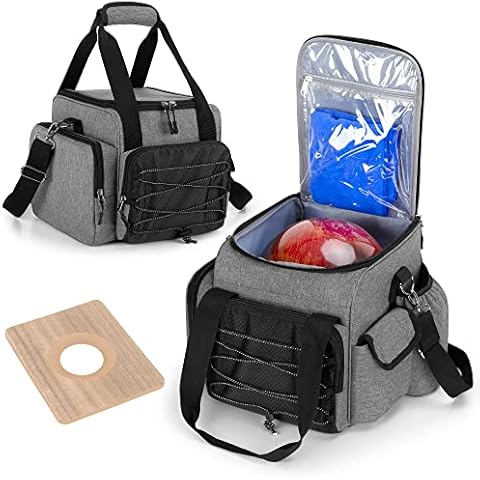DSLEAF Bowling Ball Bag for Single Ball, Bowling Ball Tote Bag with Wooden Ball Holder and Extra Storage Pockets - Grey Cover