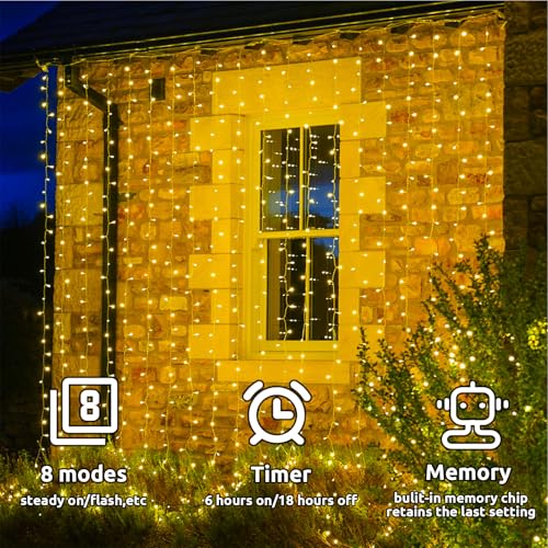 Cozymeow Curtain Lights 3mx3m 300 LED Plug in Curtain Fairy Lights with Timer, 8 Modes Waterproof Connectable Hanging Fairy Light for Christmas Window Wall Bedroom Xmas Indoor Outdoor Decoration - Image 4