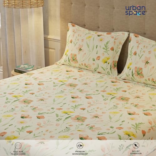 Image of Urban Space Serene 200 TC 100% Cotton Elastic Fitted Bedsheets King Size With 2 Pillow Covers, King Size Bedsheet Floral(Meadows Buttercream, Size 72 X 78 Inches)
