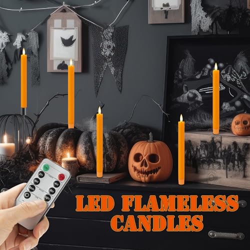 Image of Orange Flameless Taper Candles with Remote, 9.6 inch Real Wax Fall Battery Operated Candles, Flickering Flameless Candlessticks for Fall, Thanksgiving, Harvest, Halloween Decor, 3 Pack