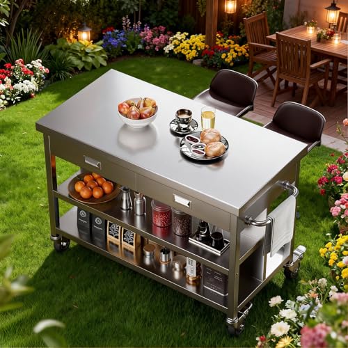KINGBO 50 Stainless Steel Kitchen Island with Storage Rolling Kitchen Island Table with 2 Drawers on Wheels Portable Island Cart for Kitchen Outdoor Restaurant Cafe