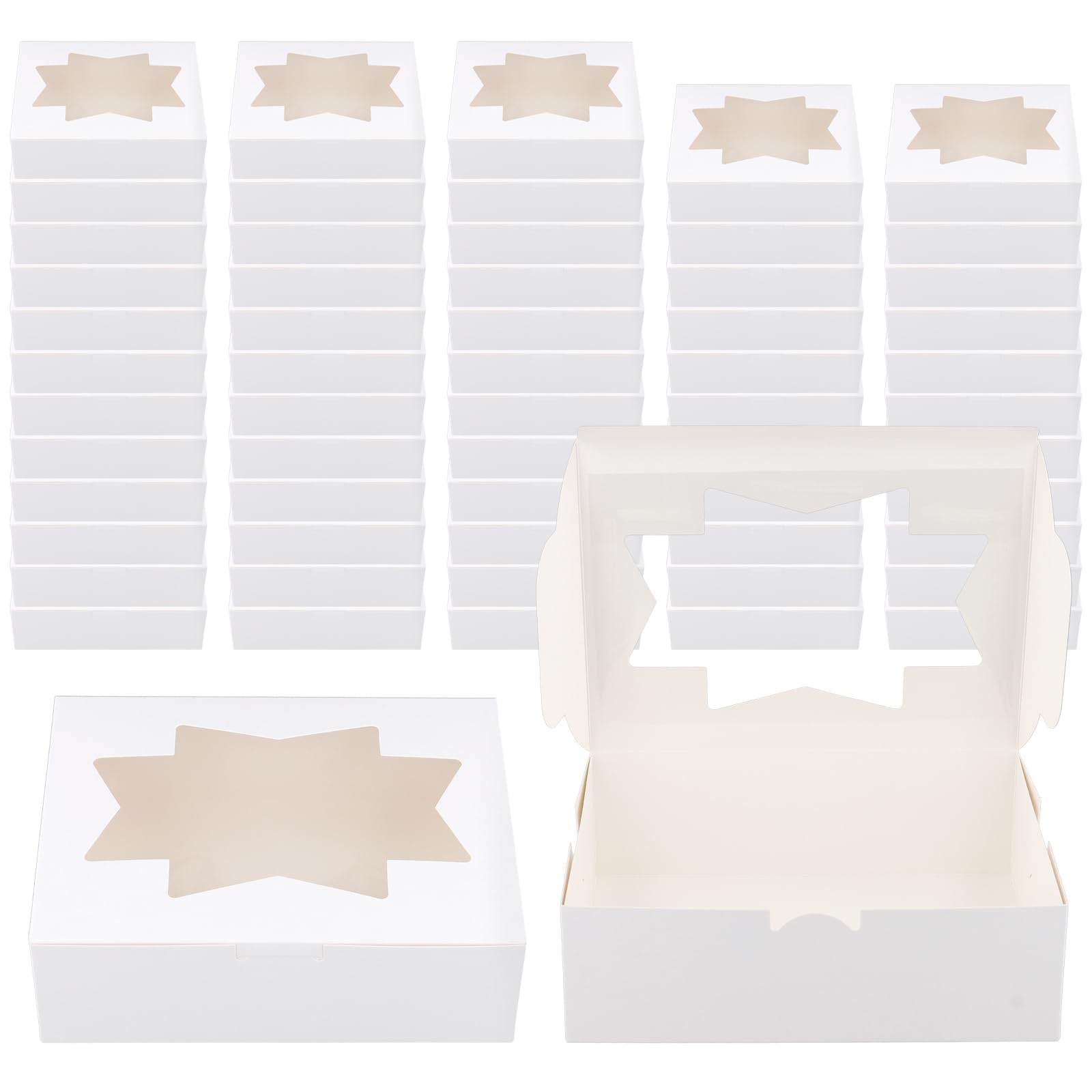 SINJEUN 60 PCS White Cookie Boxes, Cardboard Dessert Treat Boxes with Clear Window, Brownie Bakery Boxes for Gift, Party, 20.5 x 15.5 x 6.5cm
