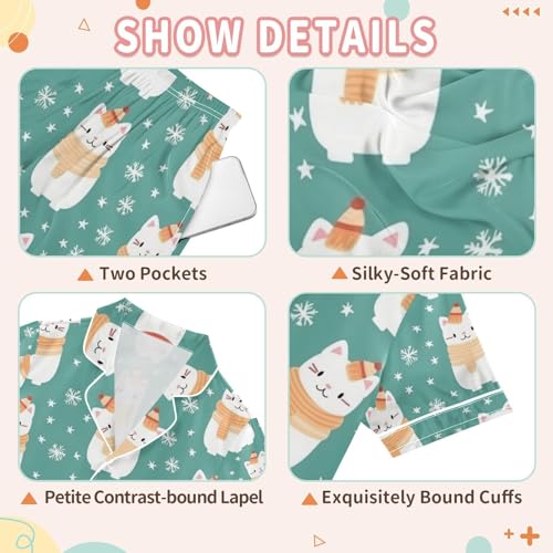 senya Cat Wearing Scarf Satin Summer Pajama Sets Silk Short Sleeve Button Down Sleepwear3