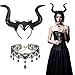 BIGKASI Königin Hörner kopfschmuck 2 Pcs kostüm Horn Haarreifen & Gothic Spitze Halskette Verstellbares Böse Hexenkostüm Damen Cosplay Zubehör für Maskerade Motto Karneval Party