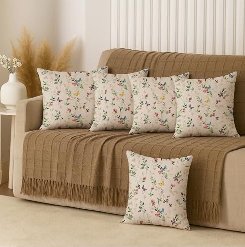 Image of Jaipur Weaves Cushion Cover 16 Inch X 16 Inch - Set of 5, Butterfly Garden 260 GSM Decorative Soft Cushion Covers for Sofa /Bed /Chair, Gift for Home Decor (Cream Garden, 5)