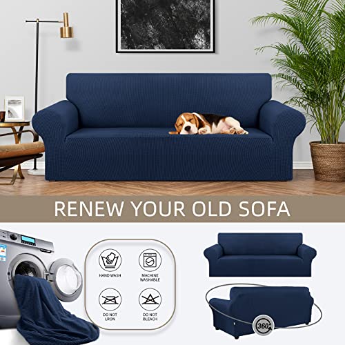 KEKUOU Stretch Sofa Cover Slipcover ,Couch Covers for 3 Cushion Couch Sofa pet Friendly (78"-94") Furniture Protector Sofa with Elastic Bottom for Kids,Dog, Jacquard Small Checked(Large,Navy Blue)