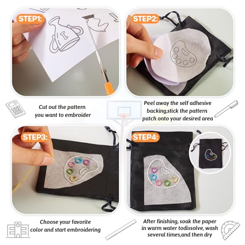 Image of 68 Patterns Study Sport Water Soluble Embroidery Stabilizers Tennis Rugby Stick and Stitch Embroidery Patterns Wash Away Embroidery Paper Starter Kit for Hand Sewing Beginners Adult