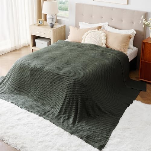 Image of Bedsure 100% Cotton Big Blanket Oversized King for Bed - Large Breathable Thick Cooling Waffle Weave Blanket for Summer, Couch Cover, Olive Green, 120x94 inches
