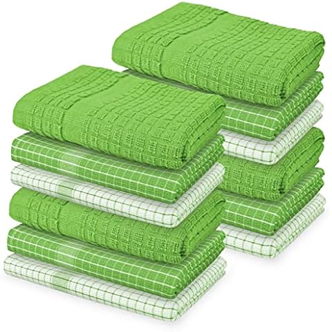 Weave Essentials 12 Pc Kitchen Towel Set, 4 Hand Towel (50x50cm), 8 Dish Cloth (50x70cm), 100% Ring Spun Cotton, Super Soft & High Absorbent, Multipurpose Dish Towel with Hanging Loop, WHITE GREEN Cover