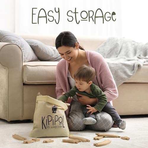 Image of KipiPol Wooden Train Tracks Set - 52 pcs+Bonus Railroad Map -Compatible W All Major Wooden Railway Toy Brands Including: Thomas The Train Track Set, Brio Train, Melissa and Doug Train Set for Kids 3+