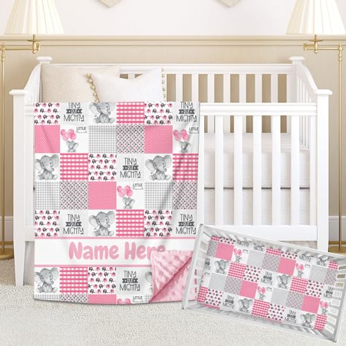 Personalized Pink Elephant Bedding for Baby Girls - Custom Crib Bedding Set With Name, Fitted Sheet