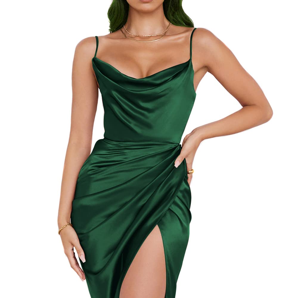 KBRPEY Women's Casual Satin Dress Women Low Cut Backless Maxi Dress  Spaghetti Strap Deep V-Neck Backless Ruched Bodycon Slips Side Slit  Cocktail Party ...
