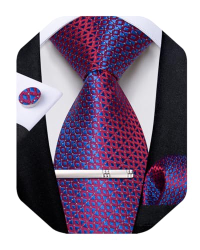 Image of DiBanGu Mens Silk Plaid Tie and Pocket Square Set | Elegant Silk Formal Tie Set, Woven Check Necktie and Cufflinks Tie Clip Set, Perfect for Wedding Party, Comes in Gift Box