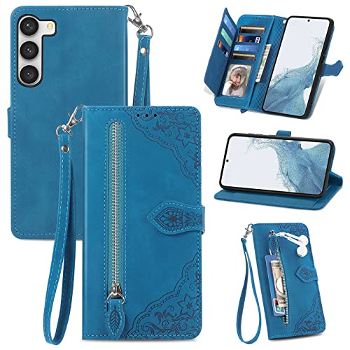 Étui Samsung S23 5G avec portefeuille zippé et porte-cartes bleu