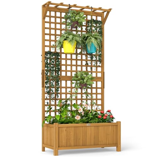 Outsunny Jardinera con Enrejado de Madera Macetero de Jardín con Soporte para Trepadora Cultivo de Plantas Flores Jardinera...