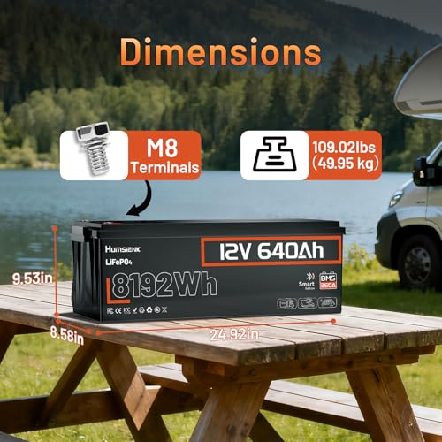 Image of HumsiENK 12V 640Ah LiFePO4 Lithium Battery Bluetooth, 250A BMS, 15000+ Cycles 600Ah+ LiFePO4 Battery, IP65 & Low Temp Protection, Max. 8192Wh Output Perfect for Home Backup, Solar Energy, 2 PACK