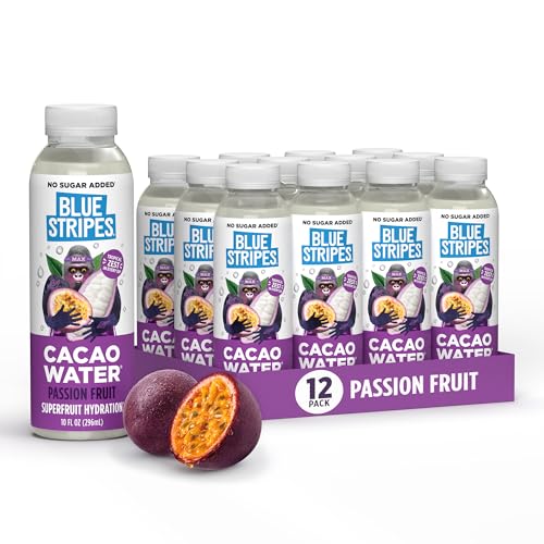 Image of Blue Stripes Passion Fruit Cacao Water - Hydration Drink with Natural Electrolytes & Antioxidants | Cold Pressed Cacao Juice, Fruit Juice & Water | No Sugar Added & Plant Based | 10 Fl Oz (12 Pack)