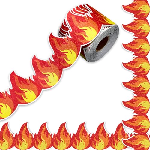Image of Whaline 65.6Ft Fire Bulletin Board Border Glitter Red Fire Die Cut Trim Border Roll for Back to School Chalkboard Wall Decor