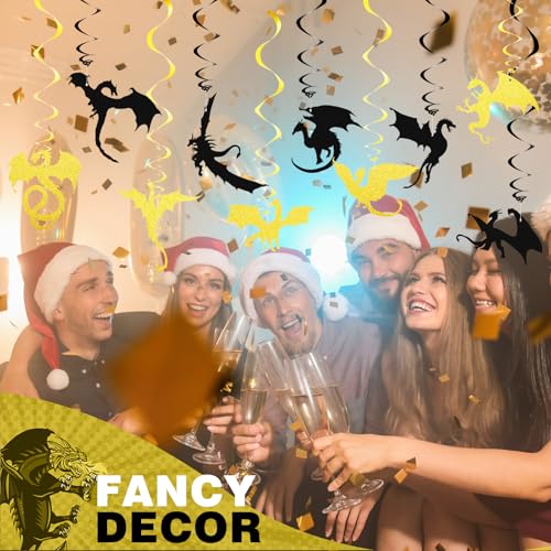 Image of Sumind 30 Pcs Dragon Hanging Swirls Party Decorations, Black and Gold Dragon Ceiling Hanging Decor for Medieval Fantasy Themed Birthday Party Supplies, 10 Designs