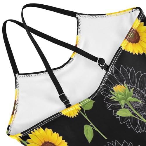 Kids Swim Suits Beach Apparel 3-10 Y with Adjustable Shoulder Strap, Sunflowers Green Leaves Black4