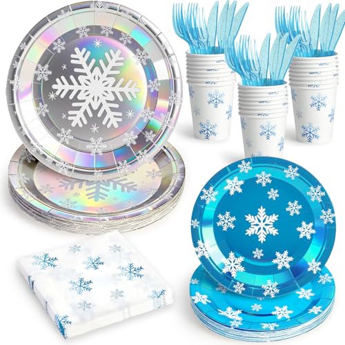 144Pcs Snowflake Frozen Birthday Party Supplies Decorations Laser Paper Plates Napkins Vintage Party Tableware Disposable Snow Dinnerware Set for Kids Birthday Baby Shower Table Decor, Serve 24