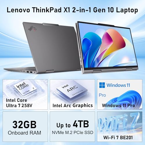 Image of Lenovo ThinkPad X1 Copilot+ 2-in-1 Laptop, 14 inch FHD+ Touchscreen, Intel Core Ultra 7 258V, Intel Arc Graphics, 32GB RAM, 1TB SSD, Fingerprint, Backlit, Wi-Fi 7, 1080P IR Camera, Win 11 Pro, w /Bundle
