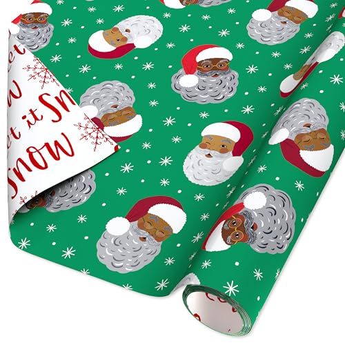 American Greetings Reversible African American Santa Christmas Wrapping Paper Roll Red White and Green Holiday Gift Wrap (60 sq. ft. 1 Standard Roll Wrap-30 in. x 24 ft.) Stripes and Solid Green