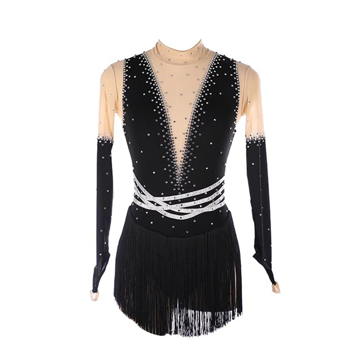 Vestido de Danza Patinaje Hielo para Mujer de Las Mujeres Manga Larga Cuello Alto Pedrería Borla Gimnasia Rítmica Maillot de Patinaje Competición Traje de Baile