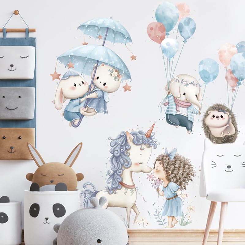 Image of Adorable Wall Sticker of Unicorn Princess Animals and Balloons Kids and Baby Room Decoration Wall Decals Decorative Wall Decor