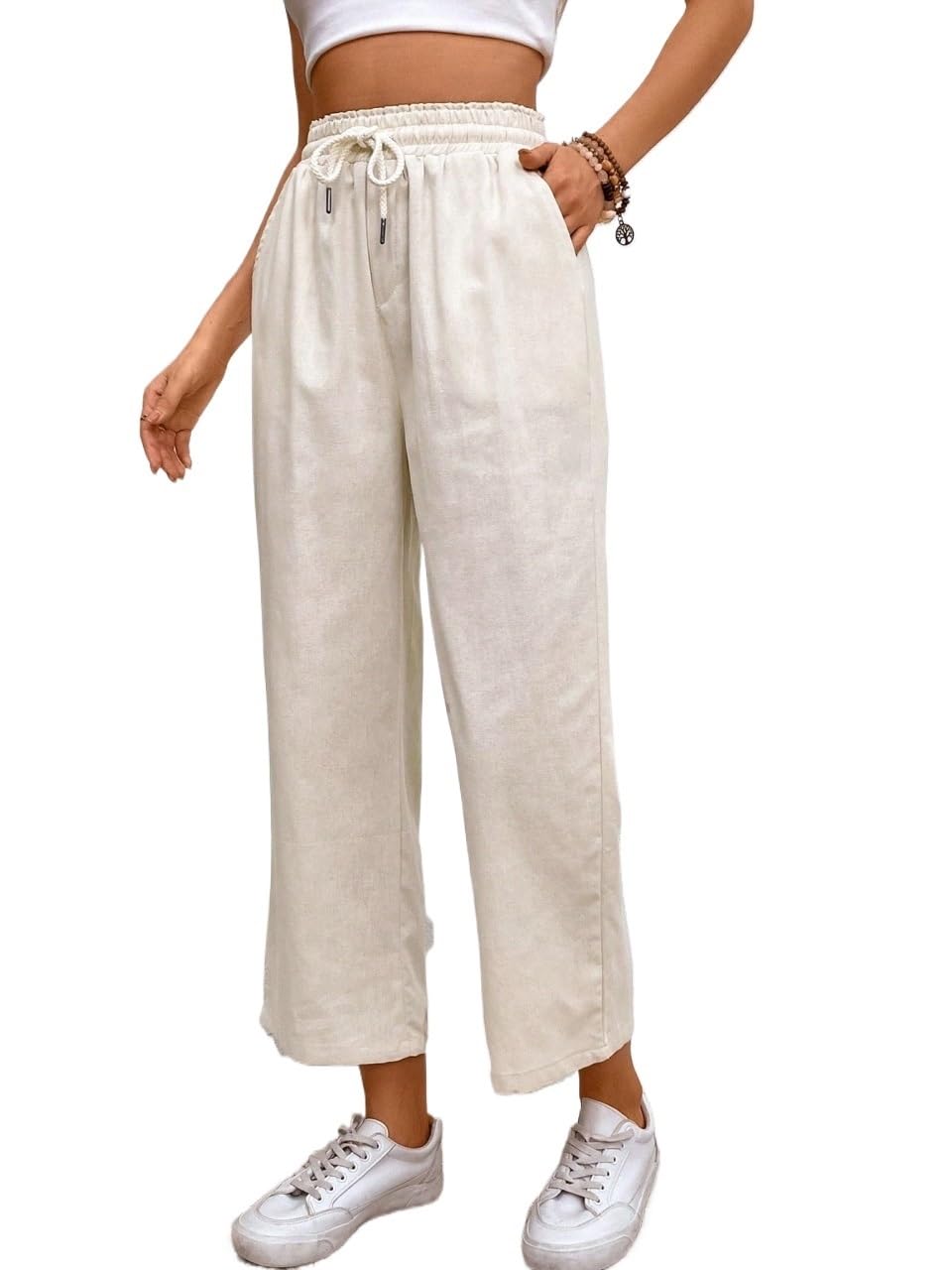 Womens Fall Solid Color with Waist Tie Straight Casual Pants Trousers
