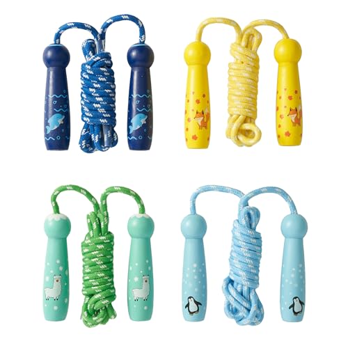 THE TWIDDLERS 4 Einstellbare Kinder Springseile mit Baumwollseil & Natürlich Holzgriffen mit Tiermotiven, 4 Farben (260cm) - Stabil & Farbenfroh - Geschenk für Jungen & Mädchen