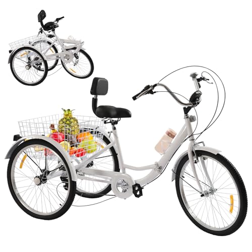 XUEMANSHOP 7 velocidades 3 ruedas triciclo adulto plegable triciclo para adultos mayores con portavasos de agua y faro, para deportes al aire libre (blanco)