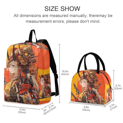 Backpack Lunch Box Set Large Capacity Travel Backpacks and Insulated Lunch Bag for Commute Hiking Picnic Anime Warrior Print2