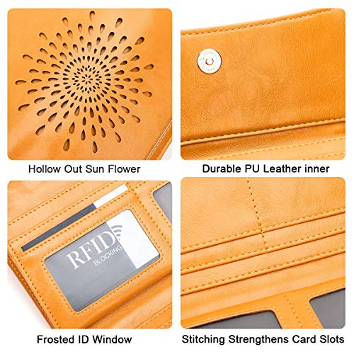 Image of APHISON Womens Wallets RFID Blocking Leather Clutch Long Wallet for Women Card Holder Phone Organizer Ladies Travel Purse Hollow Out Sunflower Design Gift, DARK-YELLOW, S, Rfid Wallet