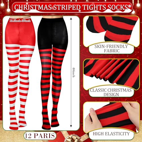 Therwen 12 Packs Christmas Striped Tights for Women Full Length Tights High Candy Stripe Stocking Party Cosplay Accessories3
