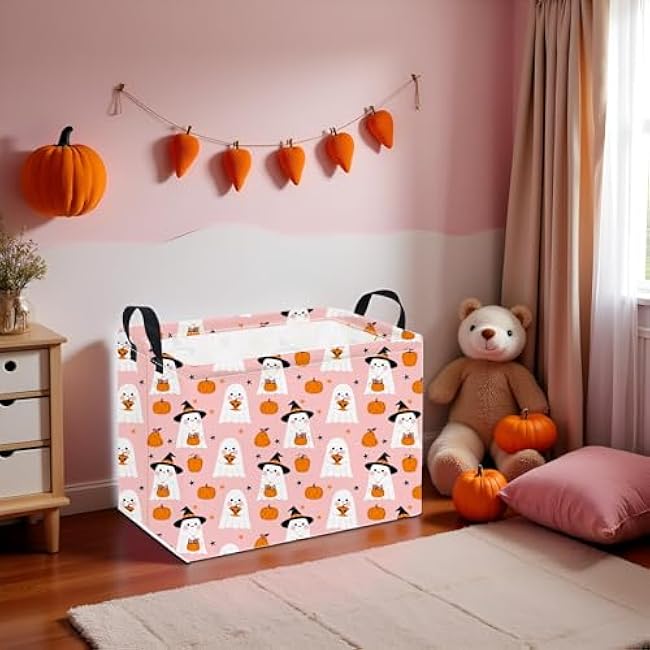 Rectangular Halloween Basket Storage Basket Waterproof Storage Bin for Bedroom Collapsible Bin Books Box Room Decor(Pink Ghost)