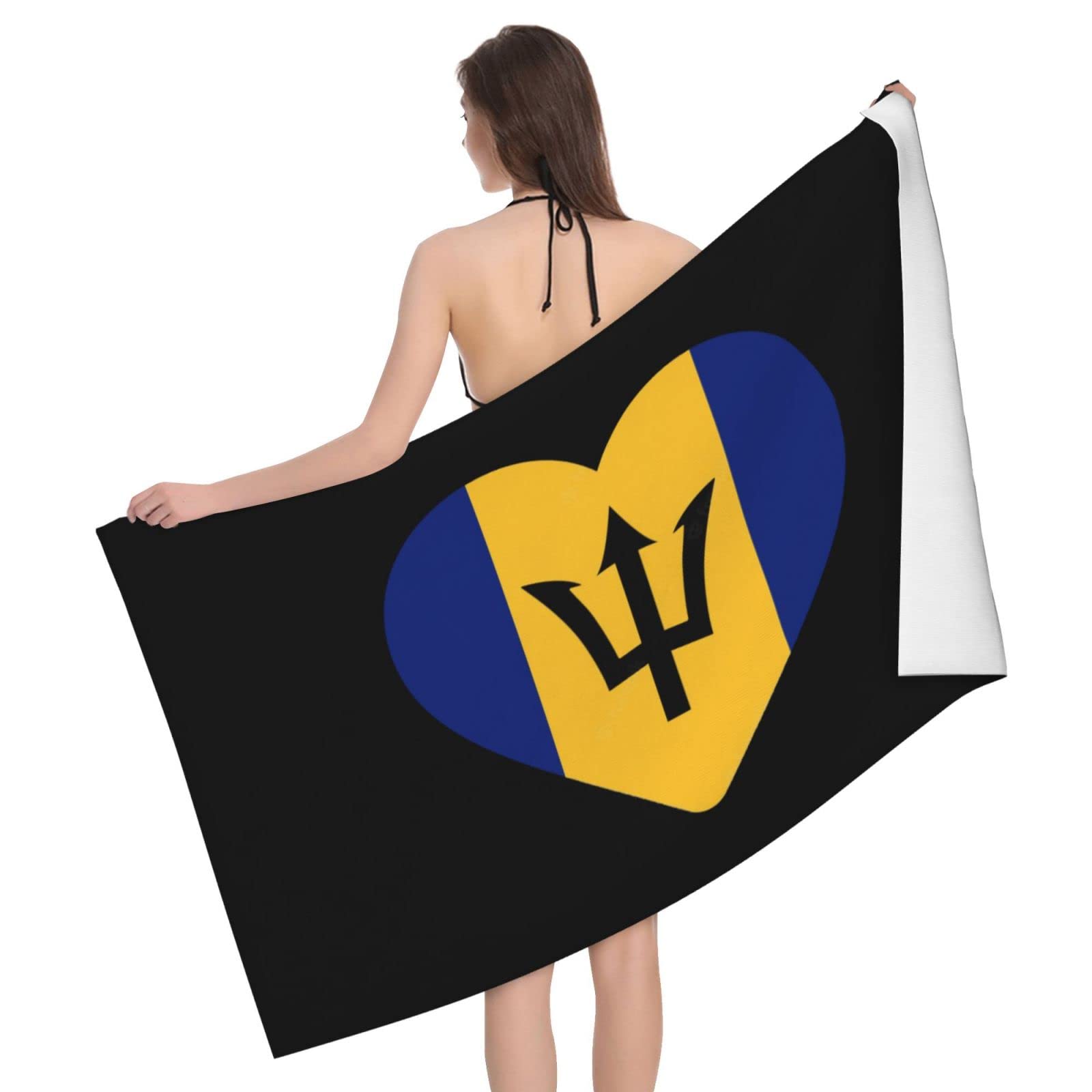 Lsjuee Flag of Barbados Heart Microfiber Bath Towel Absorb Water Quick Dry Bath Towel, for Beach, Swimming Pool, Camping