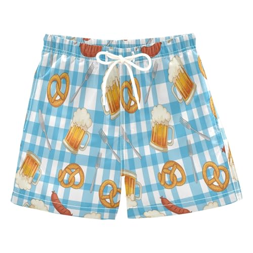 Boys Swim Trunk Quick Dry Blue Checkered Beer and Pretzel Board Shorts Swimwear 6-12T