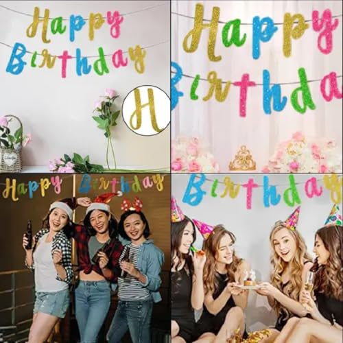 Image of Wanna Party Glitter Happy Birthday Banner - Sparkling Cursive Script Letters Paper Bunting Decorations, Cake Smash, Photo Props & Vibrant Celebration Supplies - Multicolored Sparkly Sign
