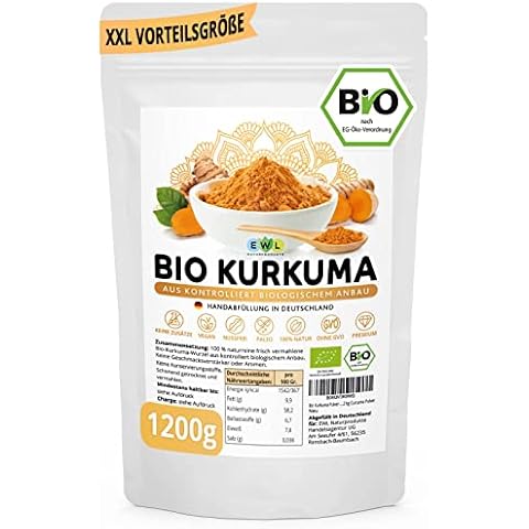 EWL Naturprodukte Bio Kurkuma Pulver 1200g extra XXL Bio-Vorteilspack Kurkuma Pulver Bio Kurkumapulver aus kontrolliert biologischem Anbau Abgefüllt + kontrolliert in Deutschland Curcuma Pulver Cover