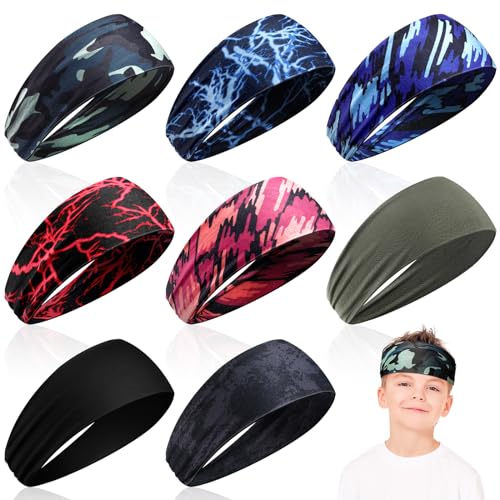 Zhanmai 8 Pieces Boys Headbands Athletic Sweatbands Kids Sports Wicking Breathable Headbands Elastic Girls Boys for Football Basketball Running Exercise