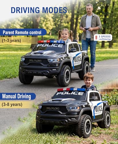 Image of 24V Ride on Police Car, 4WD Electric Kids Patrol Vehicle with Parental Remote Control, Flashing Lights, Siren, Megaphone, Bluetooth, Spring Suspension, 2-Seater Motorized Toy Truck for Kids