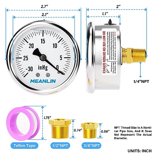 Image of MEANLIN MEASURE -30inHG~0Psi Stainless Steel 1 /4 inch NPT 2.5 inch FACE DIAL,Vacuum Liquid Filled Pressure Gauge,Single Scale, Water Oil Air Back Mount, with 1 /2 inch NPT and 3 /8 inch NPT Hex Bushing