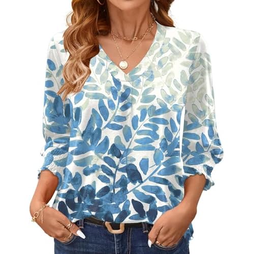 AKEWEI 3/4 Length Sleeve Womens Tops Summer Fashion V Neck Business Casual Blouses Smocked Shirts