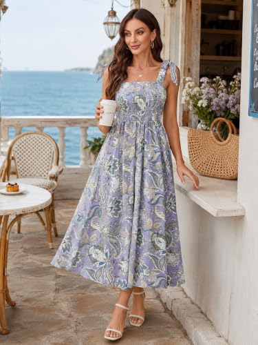 Image of BROVAVE Women Summer Floral Dress: Casual Square Neck Flowy Boho Beach Midi Sundress Sleeveless Tie Shoulder Vacation Daily