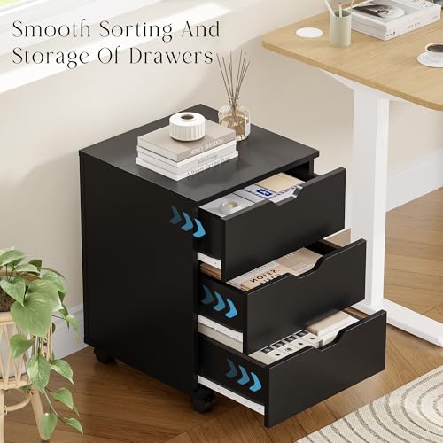 Image of Farini 3-Drawer Under Desk Wooden File Storage Cabinet with Lockable Caster for Home Office,Black,Required Assembly