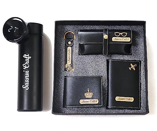 Customized 5 in 1 Engraved 1 LED Flask Bottle, Passport Cover with Wallet, Eye Wear Case, and Metal Keychain Combo - Men's Combo Accessories, Personalised Gifts (Black)